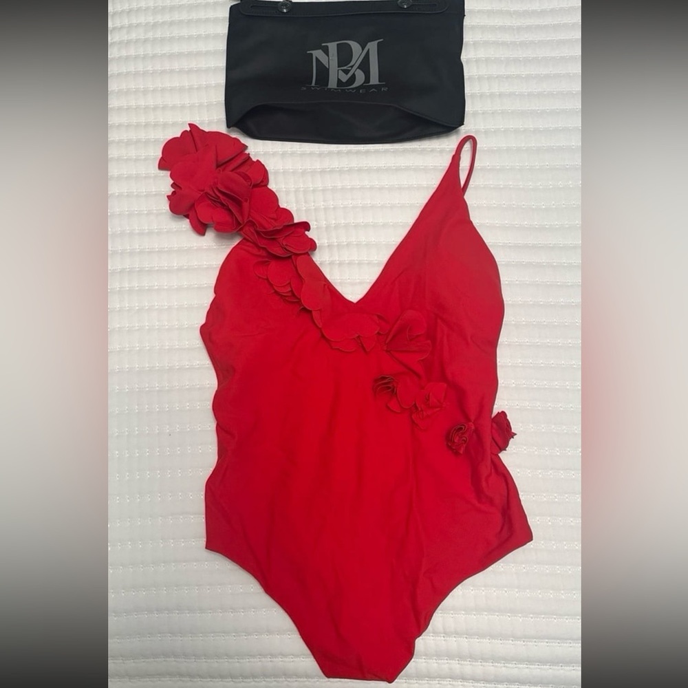 Badgley Mischka red 3D floral swimsuit